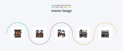 interno design linea pieno piatto 5 icona imballare Compreso fornello. padella. scrivania. forno. fornello vettore