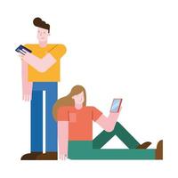 giovane coppia utilizzando smartphone vettore