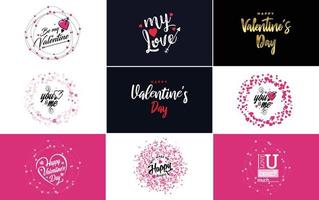 disegnato a mano nero lettering San Valentino giorno e rosa cuori su bianca sfondo vettore illustrazione adatto per uso nel design di carte. striscioni. loghi. volantini. etichette. icone. distintivi. e adesivi