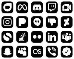 20 elegante bianca sociale media icone su nero sfondo come come Facebook. Google ritrovi. Google incontrare. pandora e meta icone. moderno e alta qualità vettore