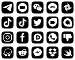 20 elegante bianca sociale media icone su nero sfondo come come tweet. messaggero. Cina e douyin icone. moderno e alta qualità vettore