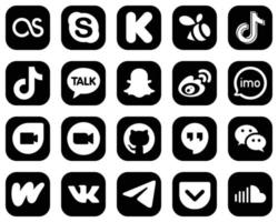 20 alta risoluzione bianca sociale media icone su nero sfondo come come imo. Cina. video. sina e Snapchat icone. pulito e professionale vettore