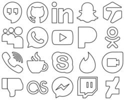 20 alta risoluzione e personalizzabile nero linea sociale media icone come come caffeina. Youtube e viber icone. accattivante e modificabile vettore