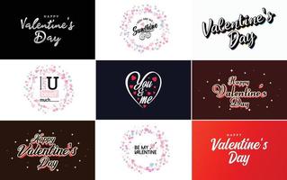 disegnato a mano nero lettering San Valentino giorno e rosa cuori su bianca sfondo vettore illustrazione adatto per uso nel design di carte. striscioni. loghi. volantini. etichette. icone. distintivi. e adesivi