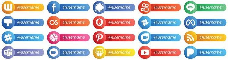20 carta stile icone per popolare sociale reti con nome utente come come spotify. meta. linea. Google foto e quora icone. alto definizione e versatile vettore