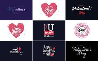 disegnato a mano nero lettering San Valentino giorno e rosa cuori su bianca sfondo vettore illustrazione adatto per uso nel design di carte. striscioni. loghi. volantini. etichette. icone. distintivi. e adesivi