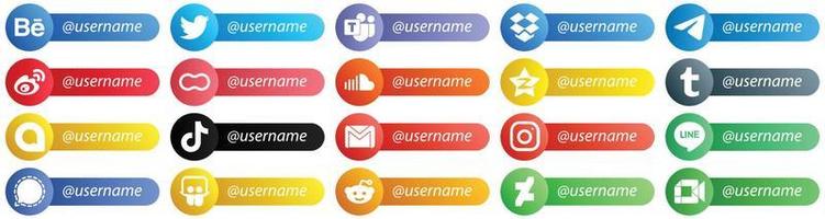 20 Seguire me sociale Rete piattaforma icone con posto per nome utente come come suono. donne e madri icone. versatile e premio vettore