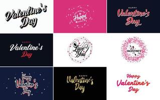 disegnato a mano nero lettering San Valentino giorno e rosa cuori su bianca sfondo vettore illustrazione adatto per uso nel design di carte. striscioni. loghi. volantini. etichette. icone. distintivi. e adesivi