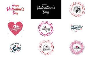 disegnato a mano nero lettering San Valentino giorno e rosa cuori su bianca sfondo vettore illustrazione adatto per uso nel design di carte. striscioni. loghi. volantini. etichette. icone. distintivi. e adesivi