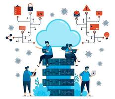 illustrazione vettoriale della piattaforma di cloud computing per supportare il nuovo lavoro normale. tecnologia di database per la pandemia covid-19. il design può essere utilizzato per pagina di destinazione, sito Web, app mobile, poster, volantini, banner