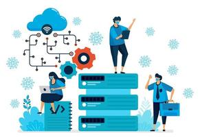 illustrazione vettoriale della piattaforma di cloud computing per supportare il nuovo lavoro normale. tecnologia di database per la pandemia covid-19. il design può essere utilizzato per pagina di destinazione, sito Web, app mobile, poster, volantini, banner