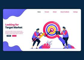 modello di banner di cartone animato vettoriale per la ricerca di mercati target e azioni dei clienti. modelli di design creativo di pagine di destinazione e siti Web per le imprese. può essere utilizzato per web, app mobili, poster, volantini