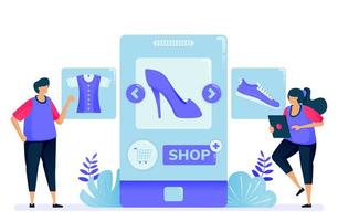 illustrazione vettoriale per lo shopping con app mobili per prodotti di moda. apri un negozio e diventa un venditore con le app. può essere utilizzato per landing page, sito web, web, app mobili, poster, volantini