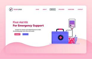 modello di illustrazione della pagina di destinazione del kit di pronto soccorso per il supporto di emergenza. infuso per pronto soccorso. temi di salute. può essere utilizzato per pagina di destinazione, sito Web, Web, app mobili, poster, volantini vettore