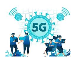 illustrazione vettoriale di connessione Internet 5g per supportare le attività durante la pandemia del virus covid-19. simboli e icone di virus, reti, wifi, connessioni. pagina di destinazione, web, sito web, banner