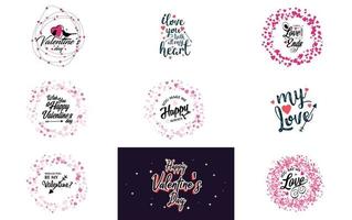 disegnato a mano nero lettering San Valentino giorno e rosa cuori su bianca sfondo vettore illustrazione adatto per uso nel design di carte. striscioni. loghi. volantini. etichette. icone. distintivi. e adesivi