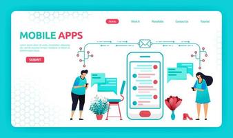 illustrazione vettoriale di comunicare con app mobili. due persone si sono collegate e inviano messaggi di posta alla rete Internet. modello di progettazione grafica per banner, flyer, brochure, copertina, rivista, stampa