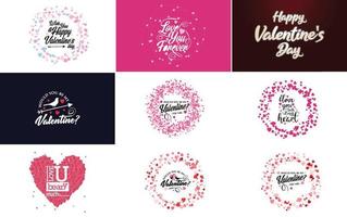 disegnato a mano nero lettering San Valentino giorno e rosa cuori su bianca sfondo vettore illustrazione adatto per uso nel design di carte. striscioni. loghi. volantini. etichette. icone. distintivi. e adesivi