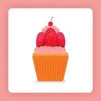 illustrazione di cupcake con panna montata alla fragola. fragole fresche e doppia glassa. torta glassa alla fragola. il design può essere per libri, flyer, poster, sito web, web, app, pagine di destinazione, ricettario vettore