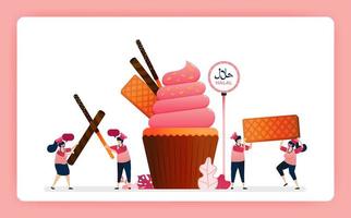 illustrazione del cuoco cupcakes fragola dolce halal. muffin con waffle snack, bastoncino di cioccolato e wafer. il design può essere utilizzato per sito Web, web, pagina di destinazione, banner, app mobili, ui ux, poster, flyer vettore