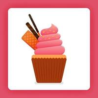 illustrazione di cupcake con crema morbida alla fragola con cialda, bastoncini di cioccolato e topping al cioccolato con wafer twist. il design può essere per libri, flyer, poster, sito Web, web, app, pagina di destinazione, libro di cucina vettore