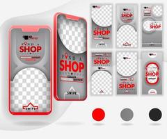 cinque smartphone mockup rossi per la promozione online e l'internet marketing, con 6 modelli di social media template, possono essere utilizzati per, landing page, template, ui, web, mobile app, poster, banner, flyer, vector