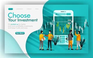 scegliere un buon investimento e risparmiare il concetto di illustrazione vettoriale, le persone si discutono per fare scelte di investimento. facile da usare per sito web, banner, pagina, brochure, stampa, mobile, app, poster, ui ux vettore