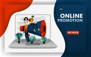 promozione SEO o concetto di illustrazione vettoriale di promozione marketing online, persone sedute in megafoni giganti. facile da usare per sito web, banner, pagina di destinazione, brochure, flyer, stampa, mobile, app, poster