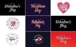 disegnato a mano nero lettering San Valentino giorno e rosa cuori su bianca sfondo vettore illustrazione adatto per uso nel design di carte. striscioni. loghi. volantini. etichette. icone. distintivi. e adesivi