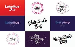 disegnato a mano nero lettering San Valentino giorno e rosa cuori su bianca sfondo vettore illustrazione adatto per uso nel design di carte. striscioni. loghi. volantini. etichette. icone. distintivi. e adesivi