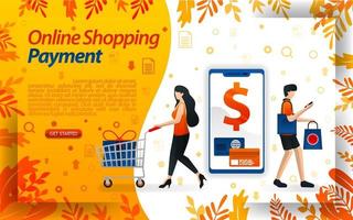 metodi di pagamento online per e-commerce. pagamenti dello shopping online tramite smartphone e carte di credito, illustrazione vettoriale. può essere utilizzato per, pagina di destinazione, modello, interfaccia utente, web, app mobile, poster, banner, flayer vettore