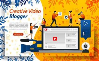 video blogger creativo. vlog studio per l'editing. influencer online, vlogger e selebgram, illustrazione vettoriale di concetto. può essere utilizzato per pagina di destinazione, modello, interfaccia utente, web, app mobile, poster, banner, flyer