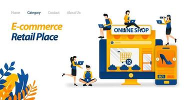 L'e-commerce semplifica gli acquisti da qualsiasi punto dello schermo. acquistare molti prodotti da molti negozi e al dettaglio. illustrazione vettoriale. stile icona piatto adatto per pagina di destinazione web, banner, flyer, sfondo vettore