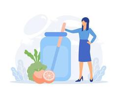 salutare dieta illustrazione. personaggi potabile proteina e fresco verdure frullato shake con vitamine. piatto vettore moderno illustrazione