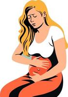 donna con stomaco dolore con mano su stomaco. cartone animato vettore illustrazione. doloroso femmina periodi