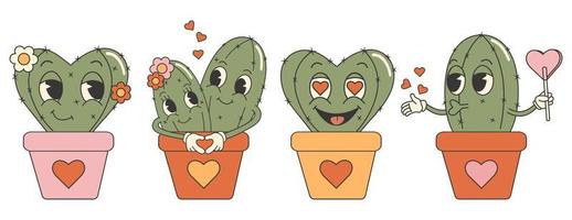 Groovy san valentino giorno cactus adesivi impostare. carino e divertente personaggi. retrò san valentino giorno. 70s 60s cartone animato estetica. vettore