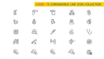 set di icone di linea di coronavirus. prevenzione, trasmissione, consulenza, trattamento e altro. vettore