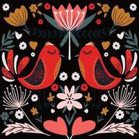 modello colorato scandinavo di arte popolare con fiori e uccelli vettore