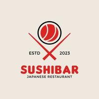 Sushi logo modello. vettore icona stile illustrazione logo di asiatico strada veloce cibo bar o negozio, Sushi, maki, nigiri salmone rotolo con bastoncini