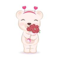carino poco orso e rosa mazzo, San Valentino giorno concetto illustrazione vettore