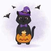 nero gatto con zucca mano disegnato cartone animato animale Halloween illustrazione vettore