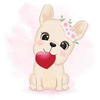 carino francese bulldog e cuore San Valentino giorno concetto illustrazione vettore