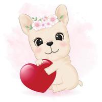 carino francese bulldog e cuore San Valentino giorno concetto illustrazione vettore