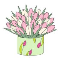 un' grande mazzo di colorato fioritura tulipani nel cerchio scatola nel cartone animato piatto stile nel di moda pallido tonalità. vettore