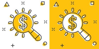 lente d'ingrandimento bicchiere con i soldi icona nel comico stile. dollaro ricerca cartone animato vettore illustrazione su bianca isolato sfondo. finanziario moneta spruzzo effetto attività commerciale concetto.