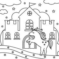 unicorno a il Principessa castello, nero schema, colorazione vettore