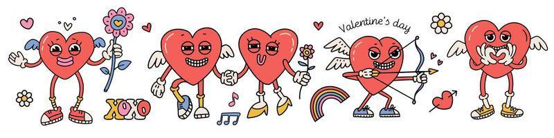 di moda comico Groovy san valentino giorno etichetta impostato di cuore personaggi con Ali. carino e strano Cupido mascotte. retrò cartone animato san valentino giorno design. 70s anni 80 estetica. vettore mano disegnato illustrazione.