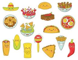 fascio di kawaii clip arte con messicano cibo nel cartone animato scarabocchio stile. messicano veloce cibo collezione con divertente facce vettore