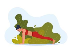 femmina personaggio fare yoga esercizi su fresco aria. all'aperto yoga. benessere, assistenza sanitaria e stile di vita concetto. vettore illustrazione.