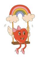 di moda personaggi cartone animato Groovy cuore su un' swing nel retrò stile. san valentino giorno concetto. 60s 70s estetica Vintage ▾ vettore illustrazione.